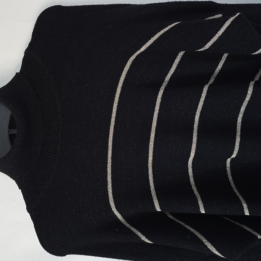 cupcakes & cashmere Anthropologie Black and Silver Striped Mock Neck Sweater